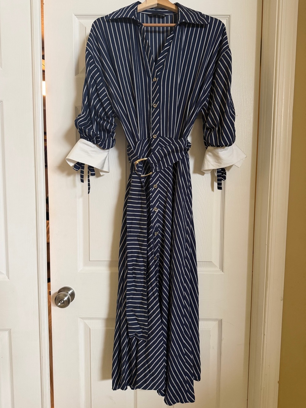 Zara Navy and White Striped Midi Shirt Dress with Belt - Picture 11 of 12